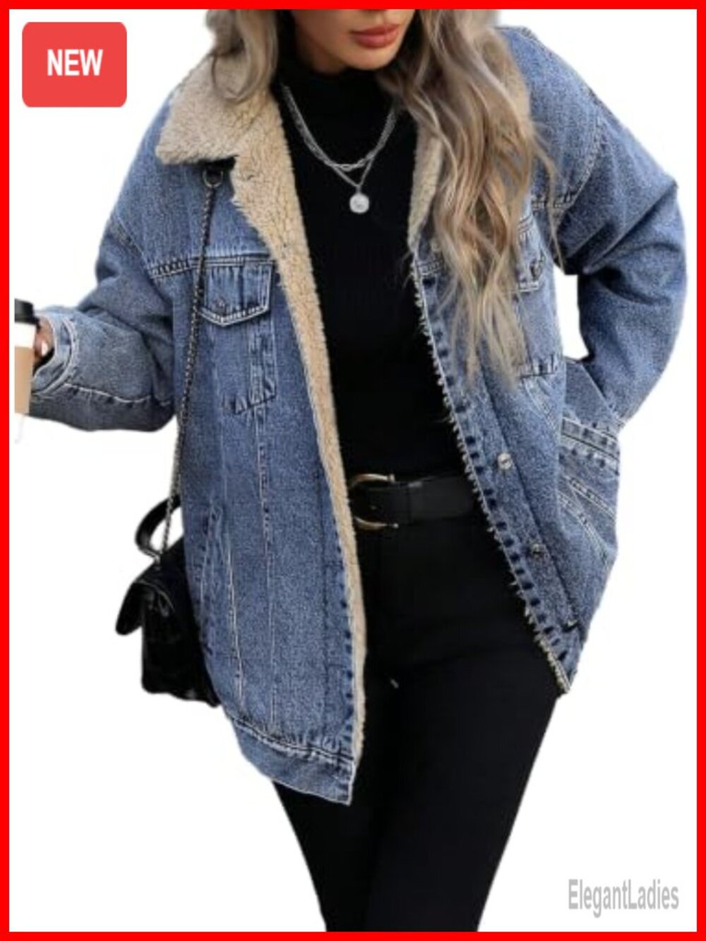Women's Oversized Fleece Lined Denim Trucker Jacket Sherpa Cotton